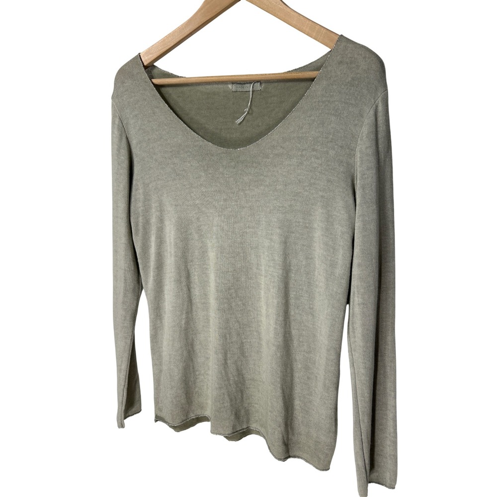 Made in Italy Scoop Neck Long Sleeve Top Green Silver Trim 19" Wide 26" Long